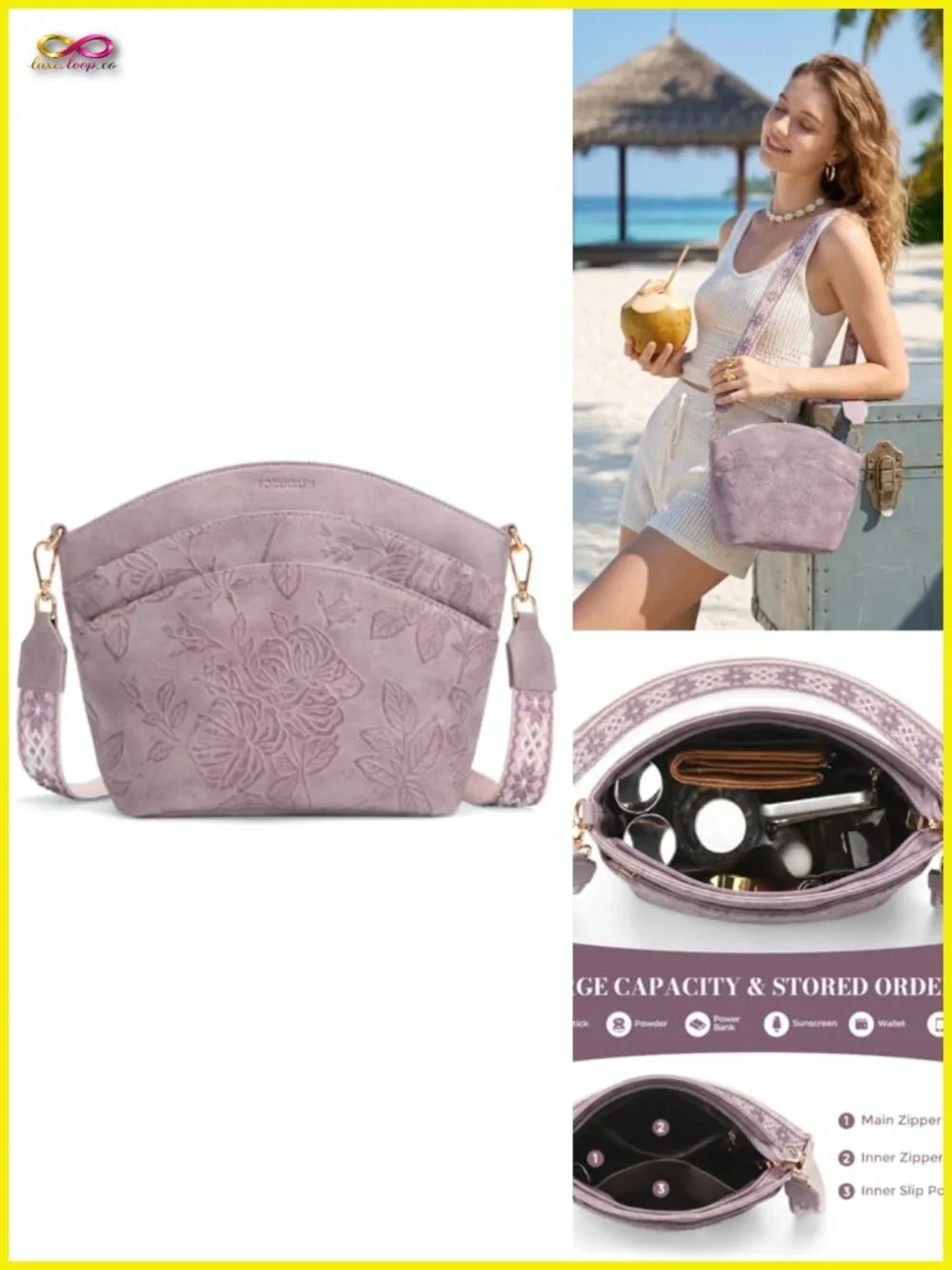 Embossed Vegan Leather Crossbody Bag with Boho Strap Travel Handbag